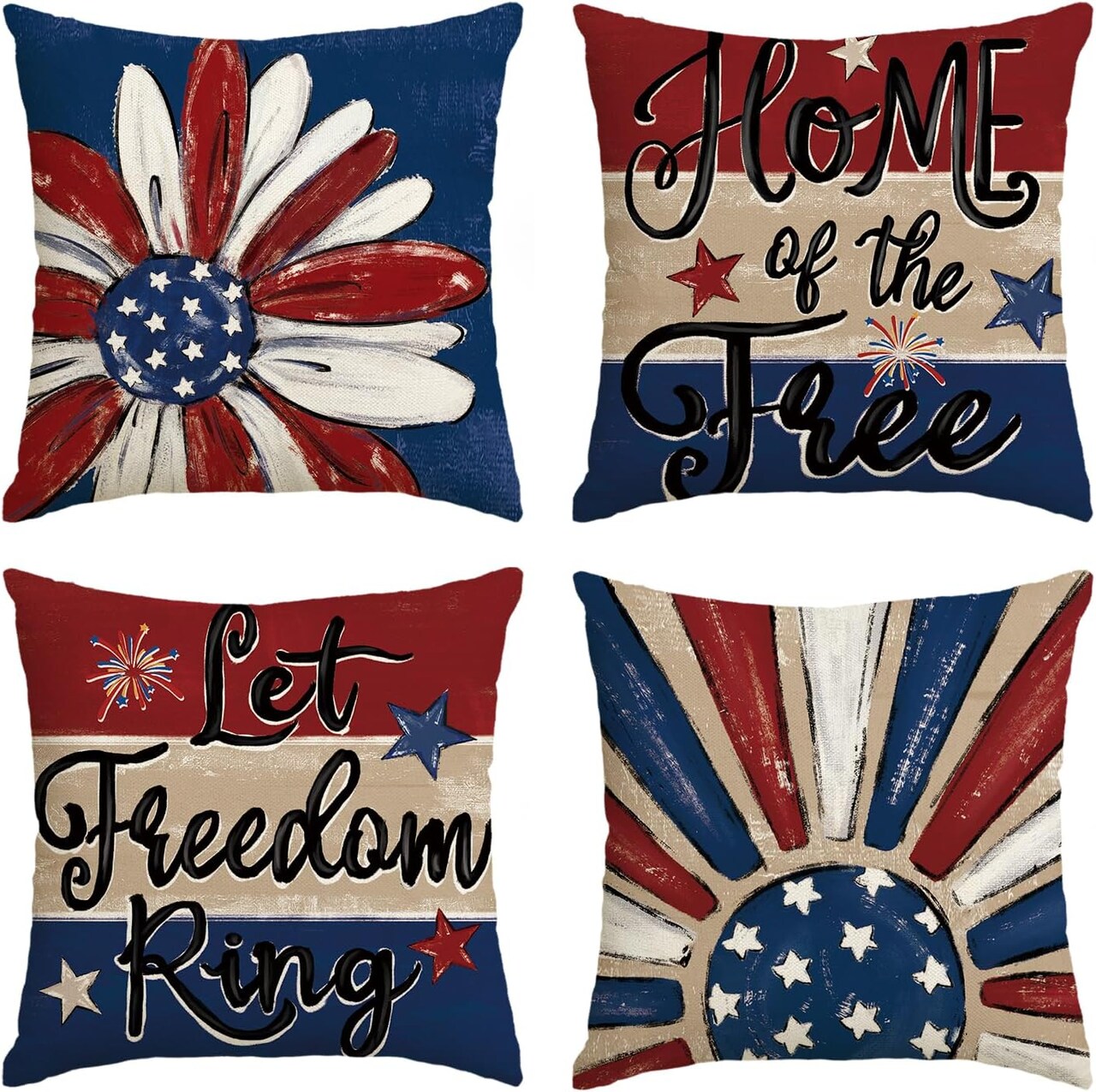 Let Freedom Ring Stars Fireworks Red White Flower Throw Pillow Covers, 18 x 18 Inch 4th of July Patriotic Independence Memorial Day USA Flag Cushion Case for Sofa Couch Set of 4